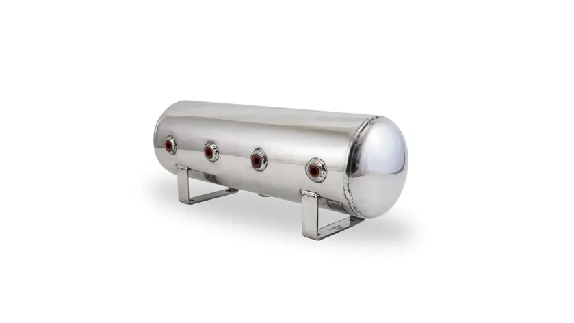 Airlift 2.5 Gal Alum Air Tank - (4) 1/4" face ports, & 1/4" drain port - 20" L x 6" D - Polished