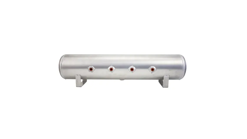 Airlift 4 Gal Alum Air Tank - (4) 1/4" face ports, (2) 3/8" end ports, & 1/4" drain port - 30" L x 6" D