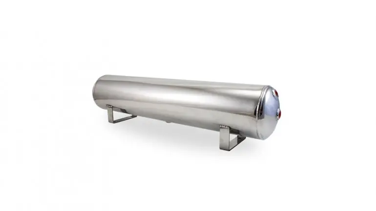 [AL-12955] Airlift 4 Gal Alum Air Tank - (2) 1/4", (2) 3/8" end ports, & 1/4" drain port - 30" L x 6" D - Polished