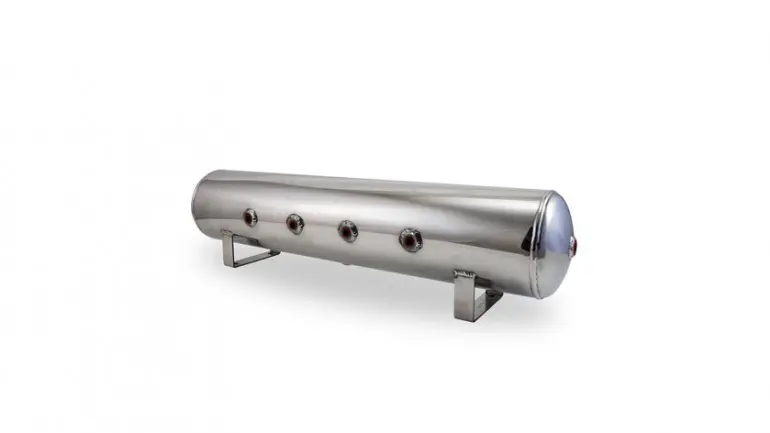 [AL-12957] Airlift 4 Gal Alum Air Tank - (4) 1/4" face ports, (2) 3/8" end ports, & 1/4" drain port - 30" L x 6" D - Polished